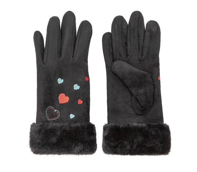 Women'S Gloves Winter Warm Color Suede Five Fingers Gloves Cute With Embroidered Heart Autumn Plus Velvet Thick Touch Screen