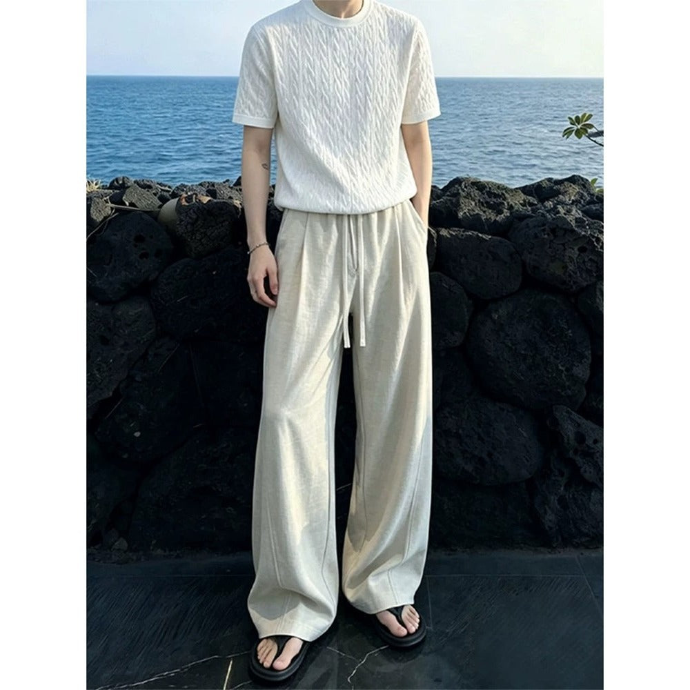 Linen-look Slash Pants for Men,High-Waisted Wide Leg Tapered Trousers