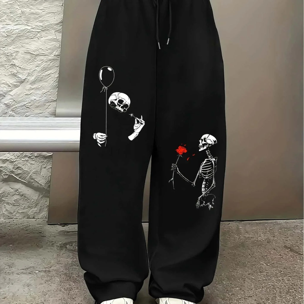 Women's Casual Gothic Skull Print High Waist Adjustable Drawstring Wide Leg Pants