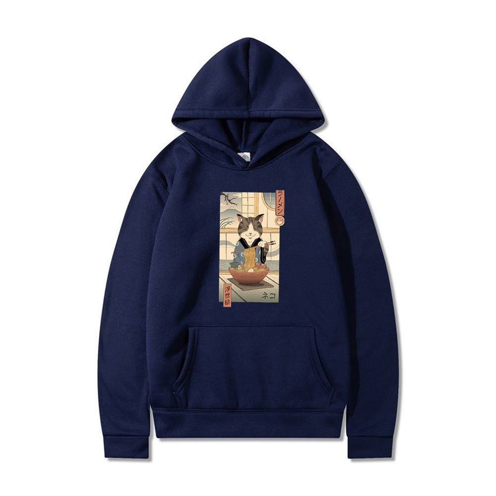 Samurai Cat Harajuku Wind Adventure Illustration Print Leisure Life Hooded Hoodie for Men and Women