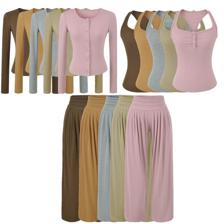 Women's Crop Racerback Button Vest &amp; Drape Wide Leg Pants Two Piece Set