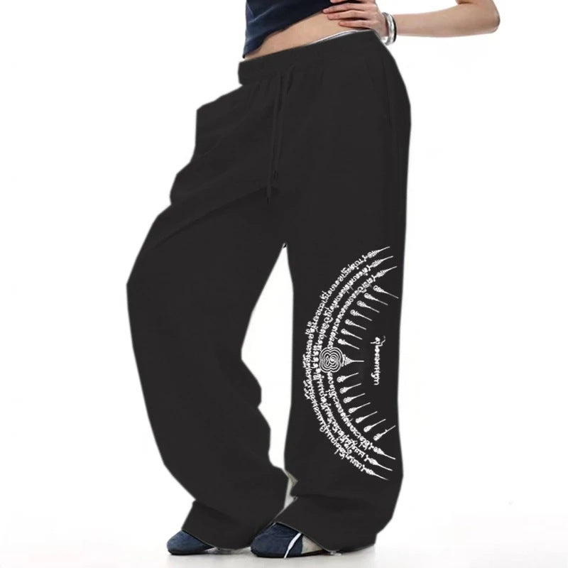 Dark Gothic Gun Print Loose Wide-Leg Drawstring Unisex Sweatpants