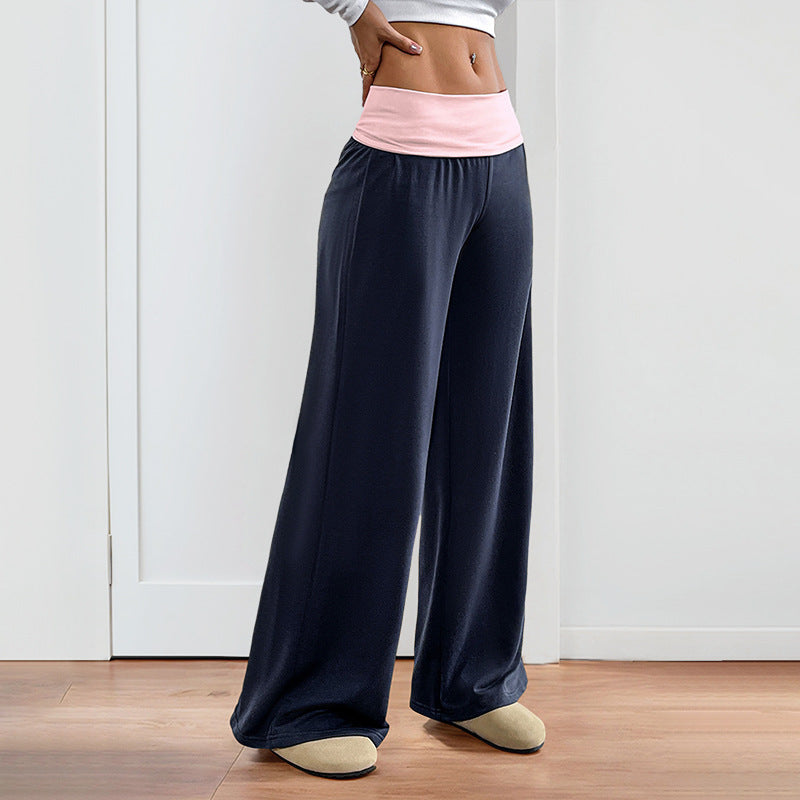 Brown Spliced Low Waist Wide Leg Casual Long Pants
