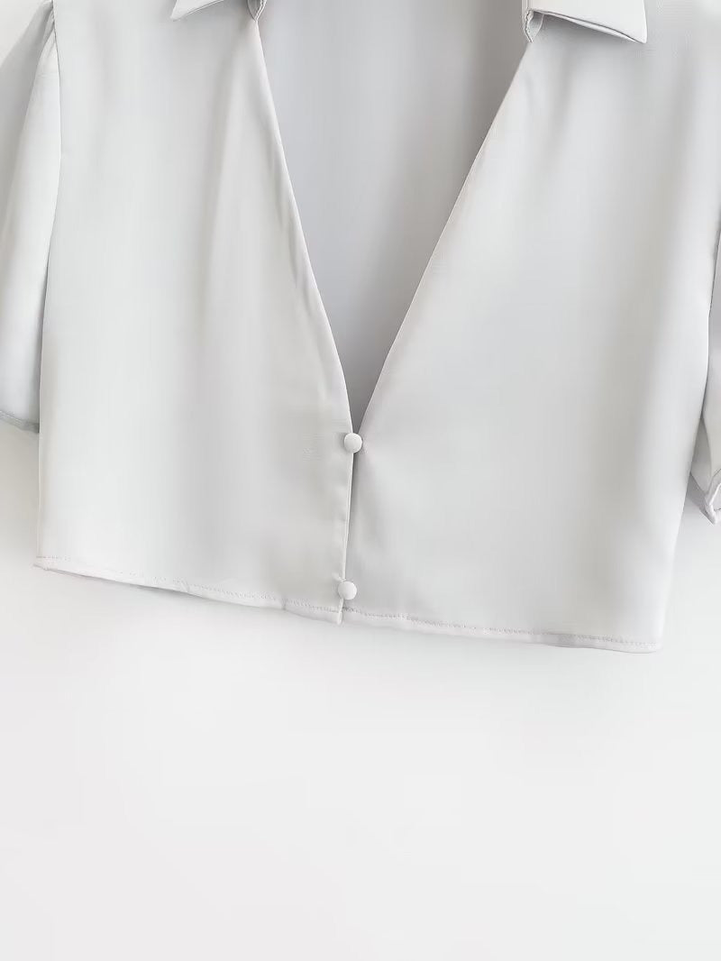 Temperament satin texture short sleeved shirt high waisted skirt