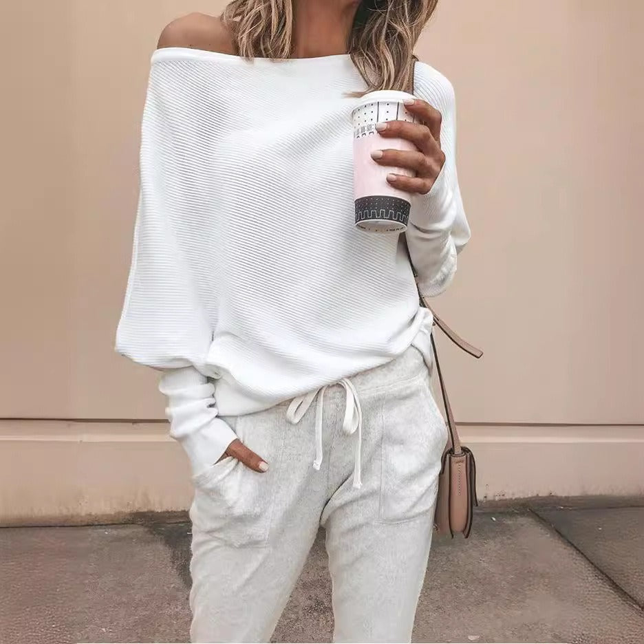 Women's autumn and winter bat long sleeved straight neck T-shirt top