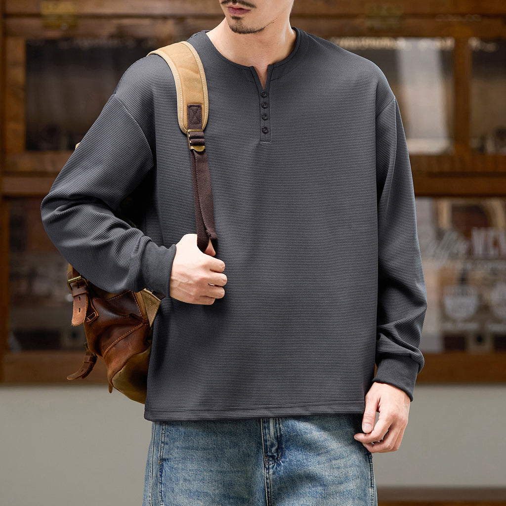 Men's Casual Loose Fit Long Sleeve Henley T-Shirt