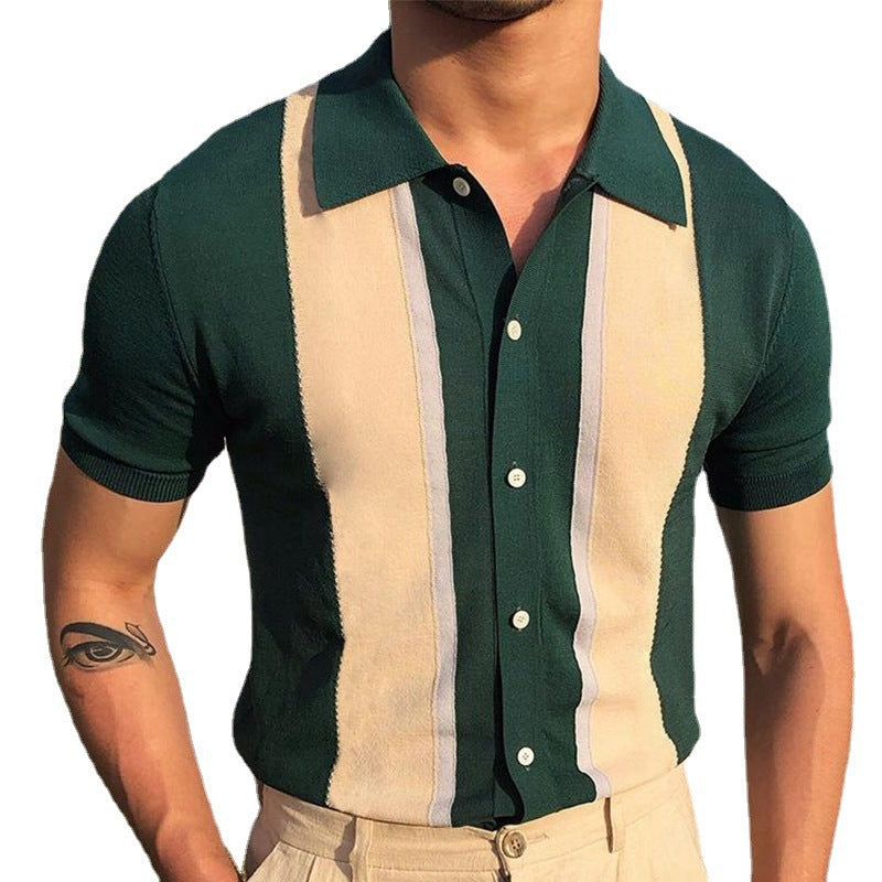 Polo shirt European and American style lapel contrasting color T-shirt single breasted cardigan knitted new men's clothing