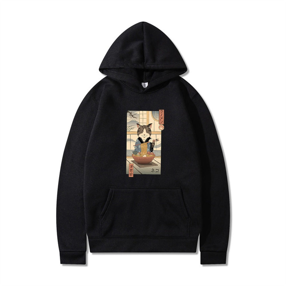 Samurai Cat Harajuku Wind Adventure Illustration Print Leisure Life Hooded Hoodie for Men and Women