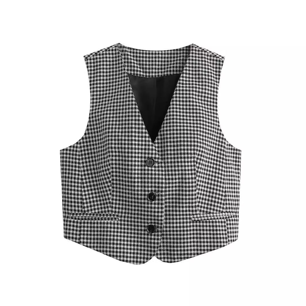 Women's plaid V-neck short slim fit cardigan vest vest for women