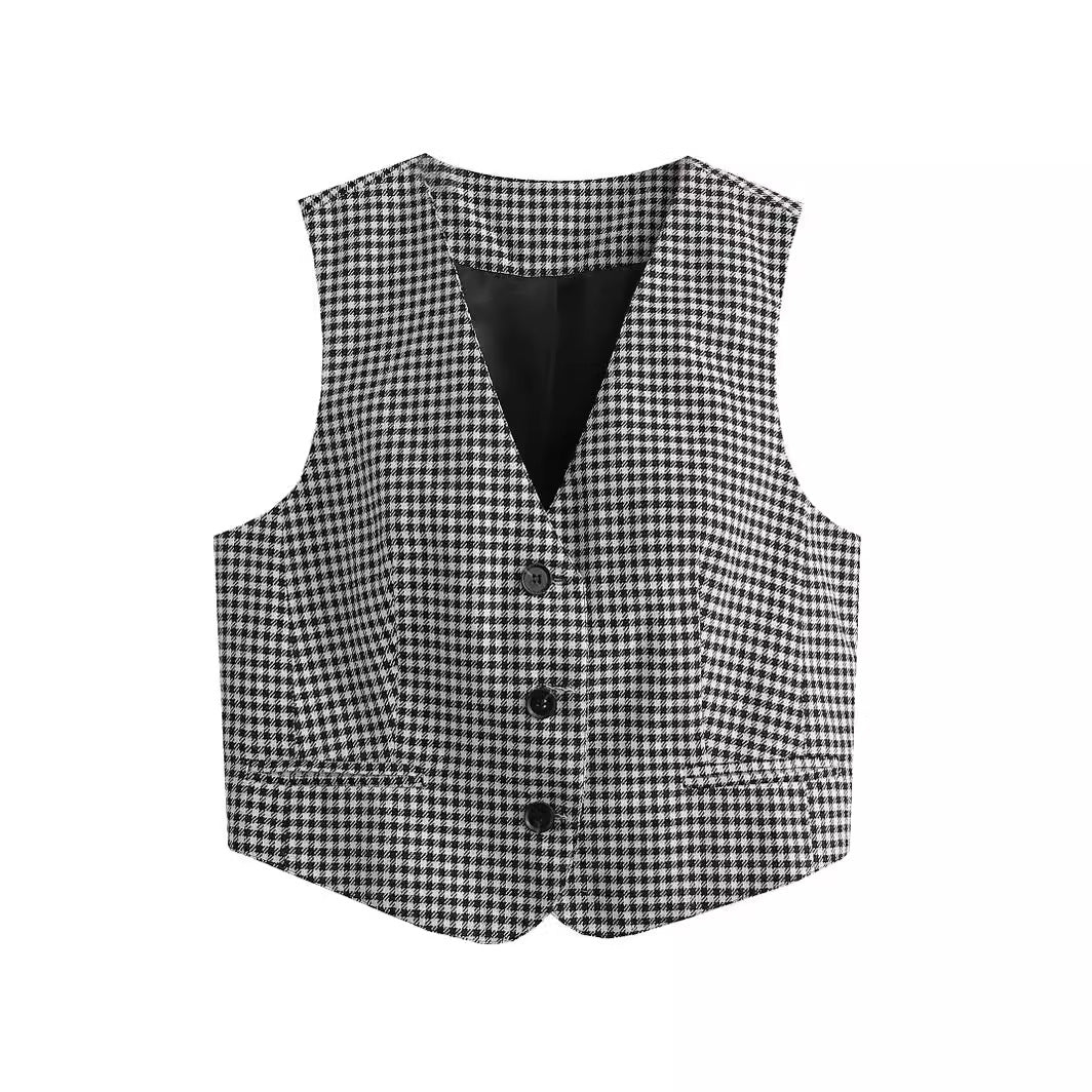 Women's plaid V-neck short slim fit cardigan vest vest for women