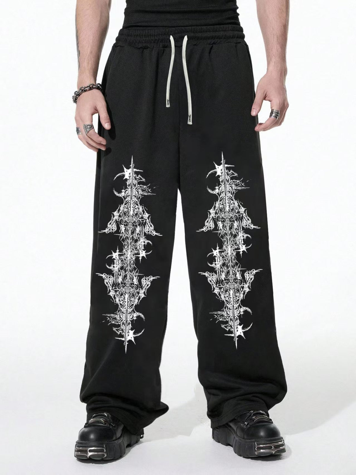 Dark Gothic Spider Print Wide Leg Sweatpants with Drawstring