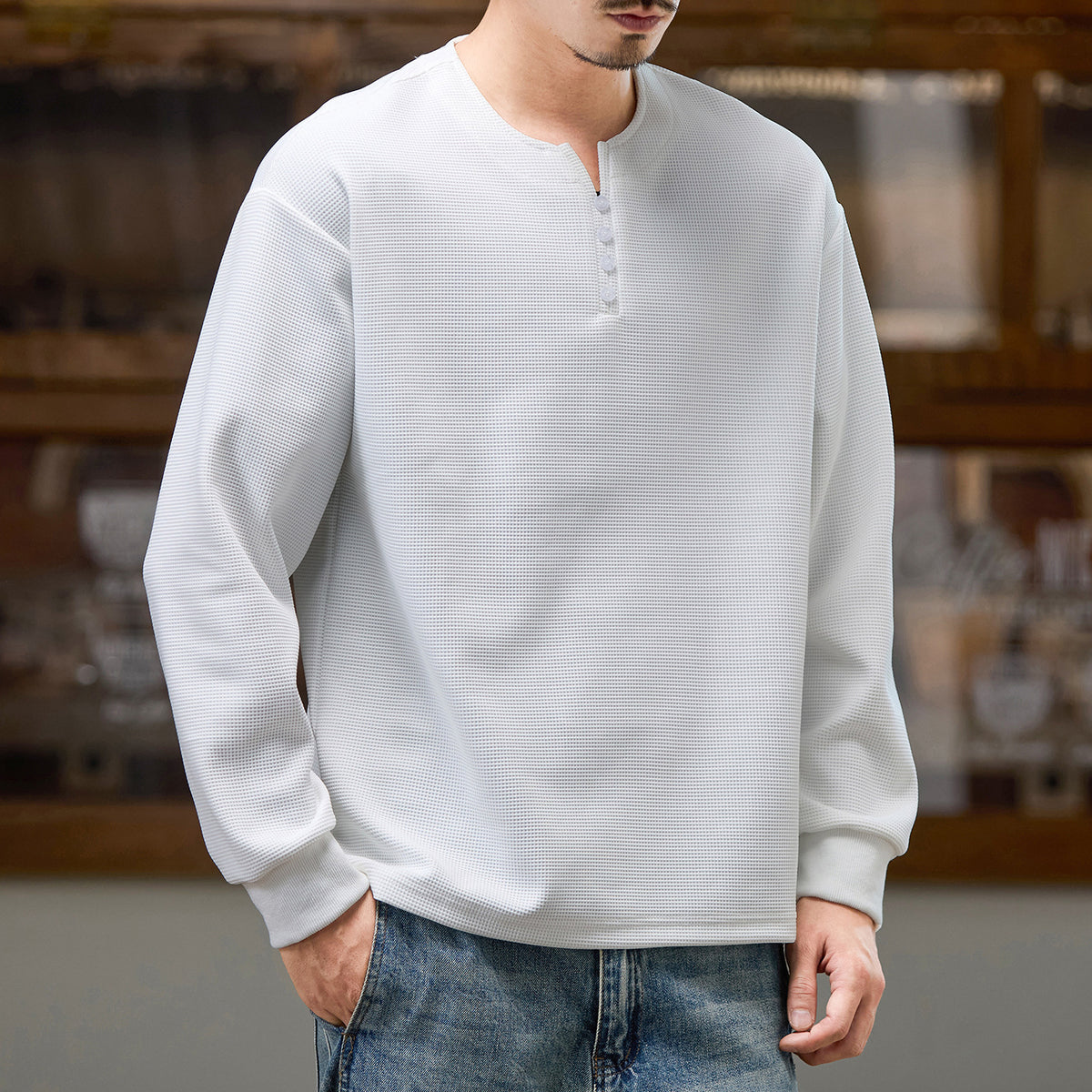 Men's Casual Loose Fit Long Sleeve Henley T-Shirt