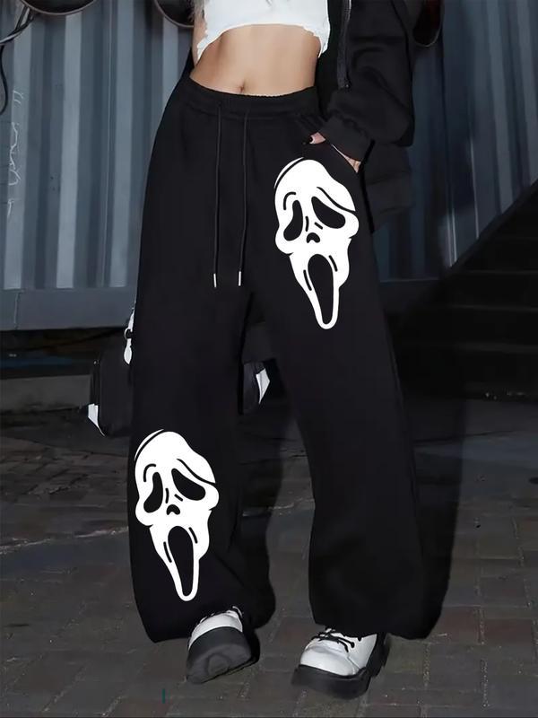 Dark Gothic Skull Print Loose Wide Leg Drawstring Sweatpants