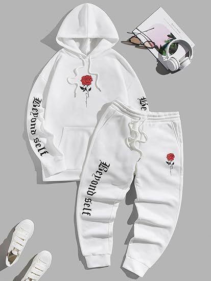 Men's 2-Piece Floral Letter Print Hoodie and Sweatpants Sports Set