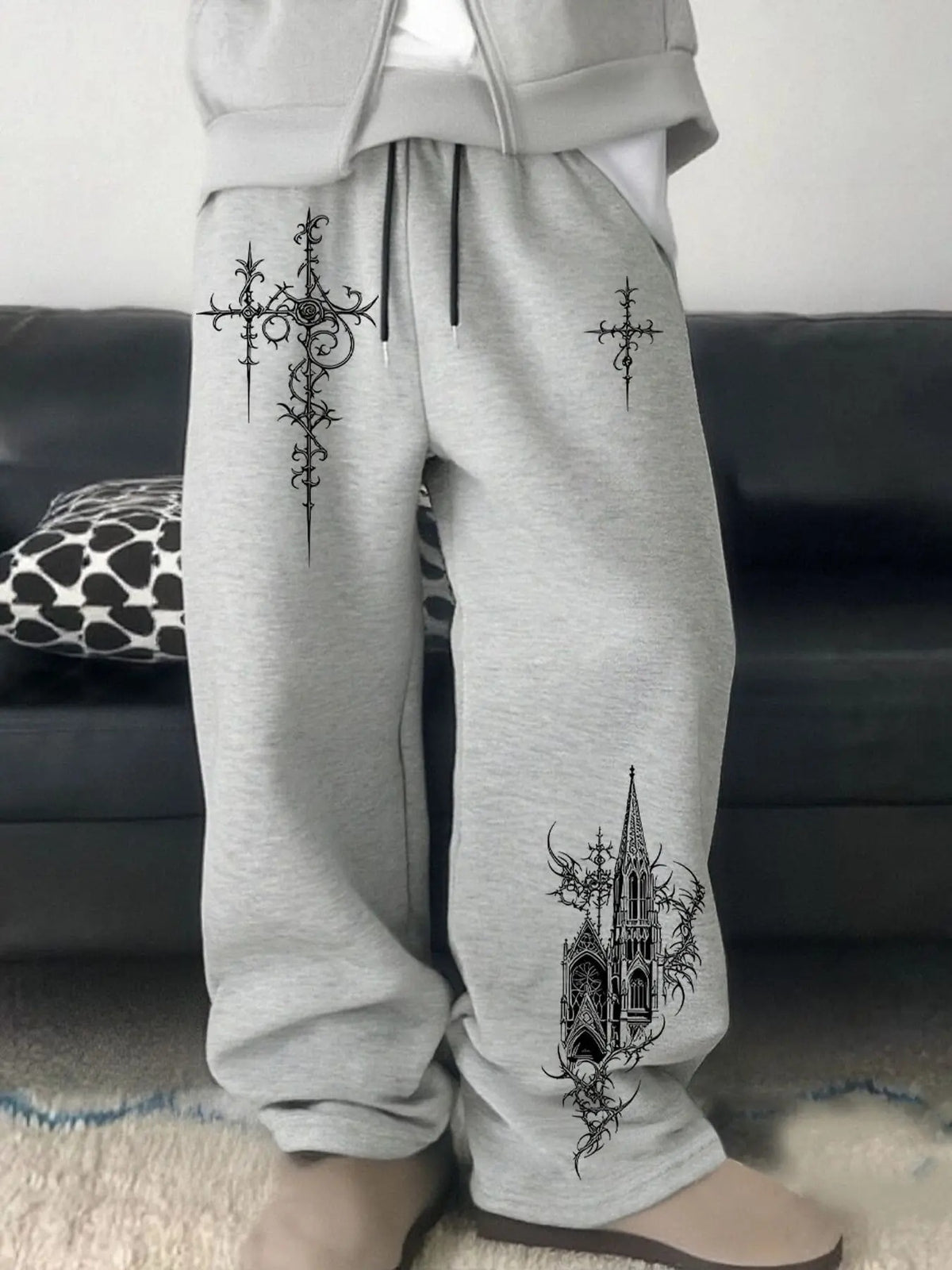 Dark Gothic Skull Print Loose Wide Leg Drawstring Sweatpants