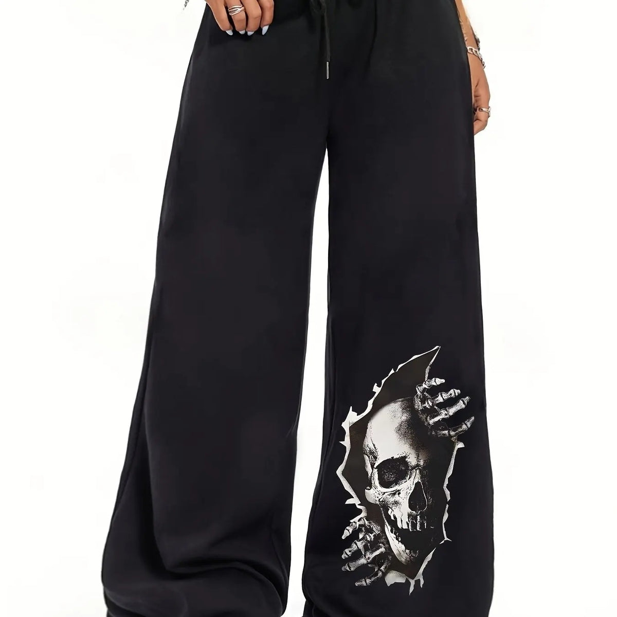 Women's Casual Gothic Skull Print High Waist Adjustable Drawstring Wide Leg Pants