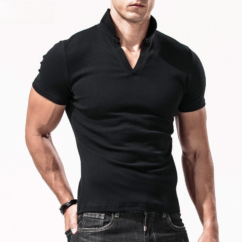 Collar T-shirt men's short sleeved solid color V-neck elastic men's top