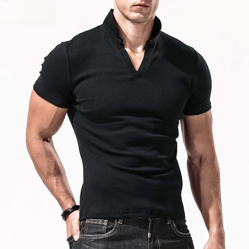 Collar T-shirt men's short sleeved solid color V-neck elastic men's top