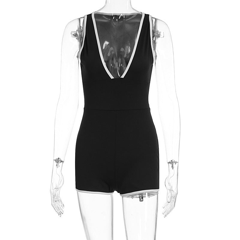New Summer Casual Chic Fashion Deep V Short Pants Splicing Slimming Color Jumpsuit