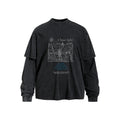 Retro Abstract Painting Print Long Sleeve Distressed Wash Fake Two-Piece Men's T-Shirt
