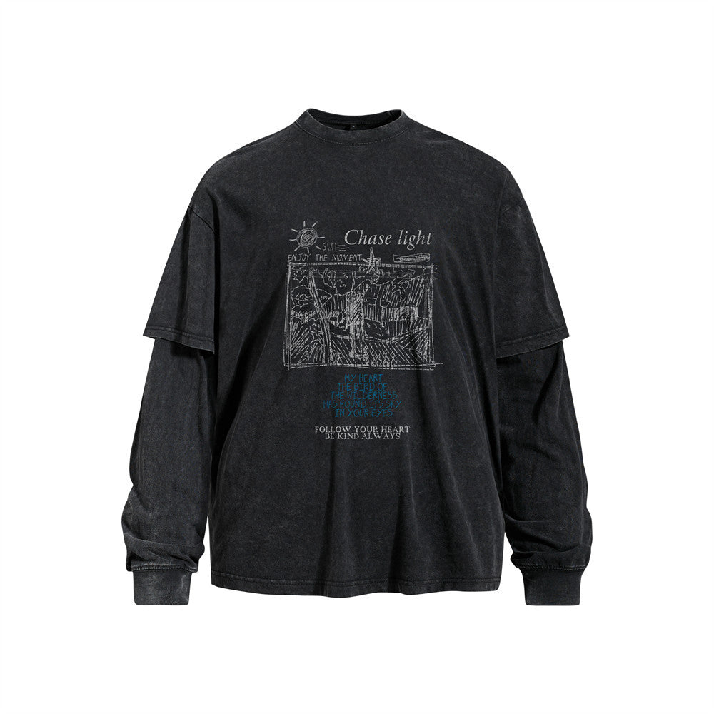 Retro Abstract Painting Print Long Sleeve Distressed Wash Fake Two-Piece Men's T-Shirt