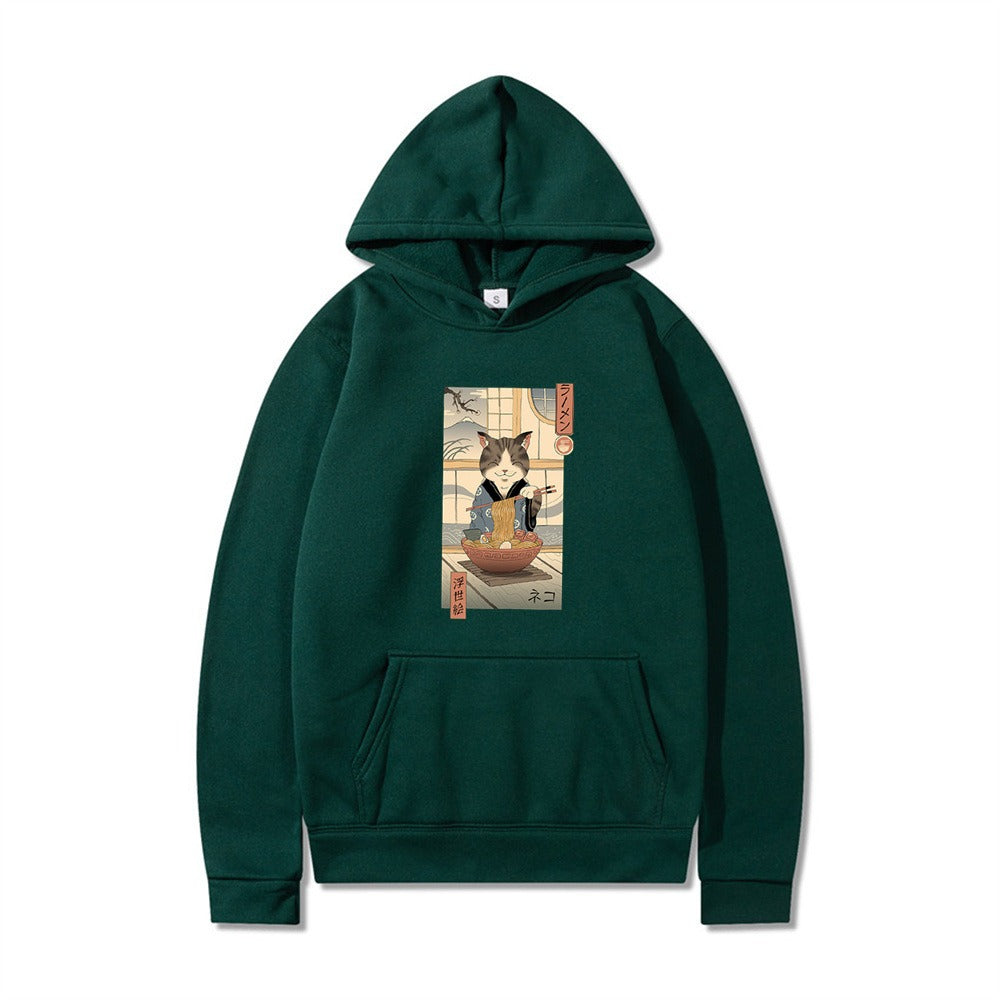 Samurai Cat Harajuku Wind Adventure Illustration Print Leisure Life Hooded Hoodie for Men and Women