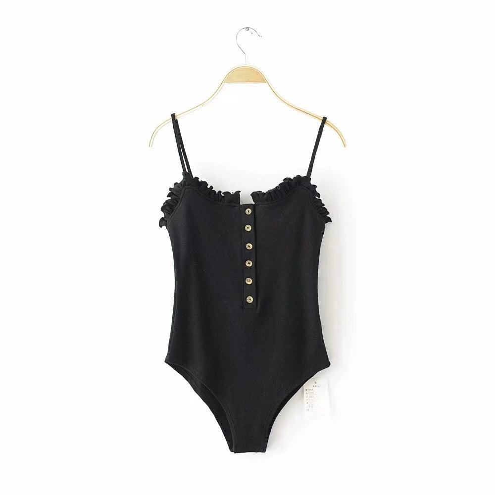 Mushroom edge open cut jumpsuit women's breasted camisole vest