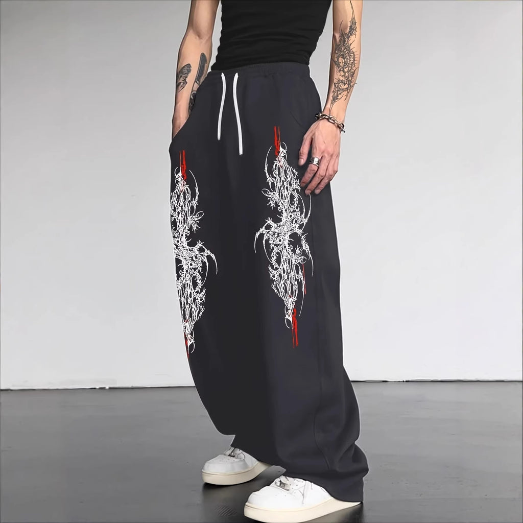Dark Gothic Print Loose Wide Leg Drawstring Sweatpants