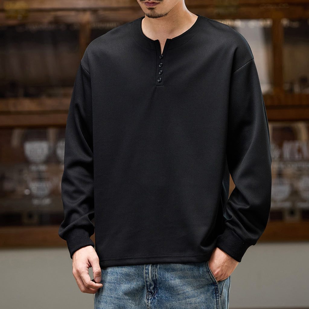 Men's Casual Loose Fit Long Sleeve Henley T-Shirt