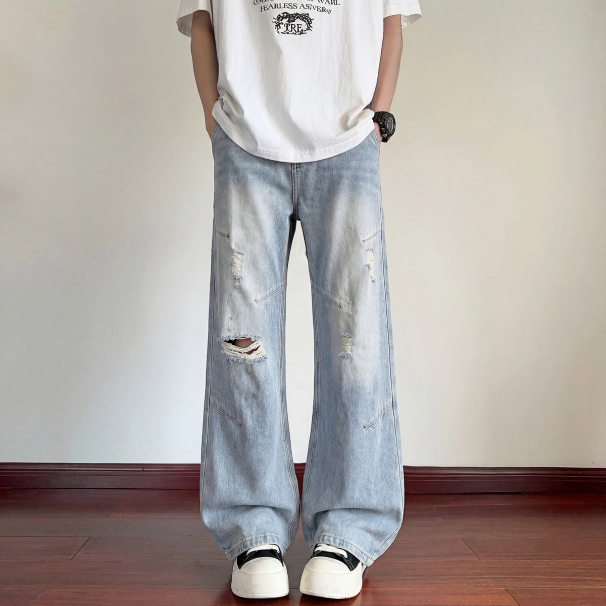 Men's Wide Leg Floor-Length Lightweight Breathable Slim-Fit Casual Trousers