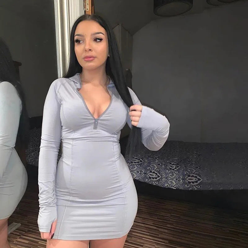 Elegant Women's Long Sleeve Half-Open Collar Fitted Bodycon Dress