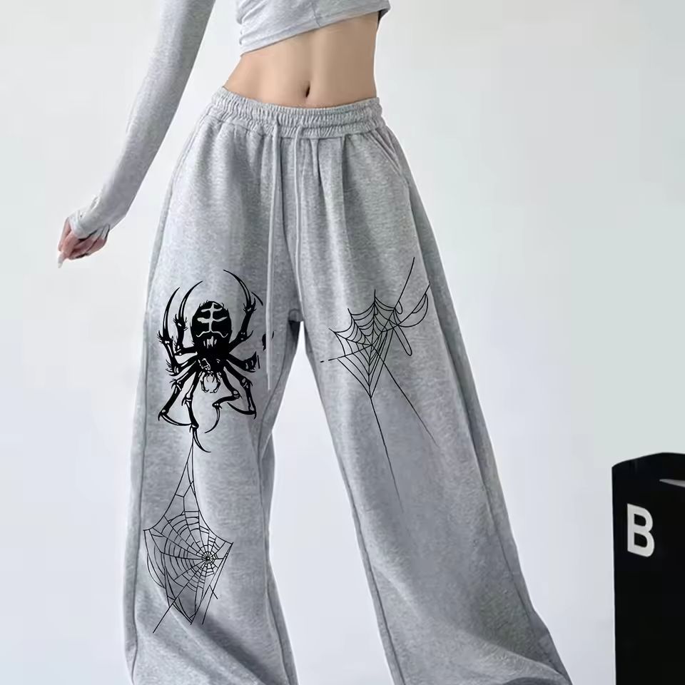 Dark Gothic Spider Print Wide Leg Sweatpants with Drawstring