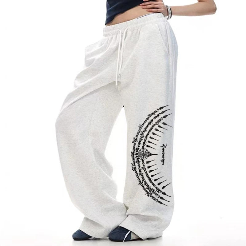 Dark Gothic Gun Print Loose Wide-Leg Drawstring Unisex Sweatpants