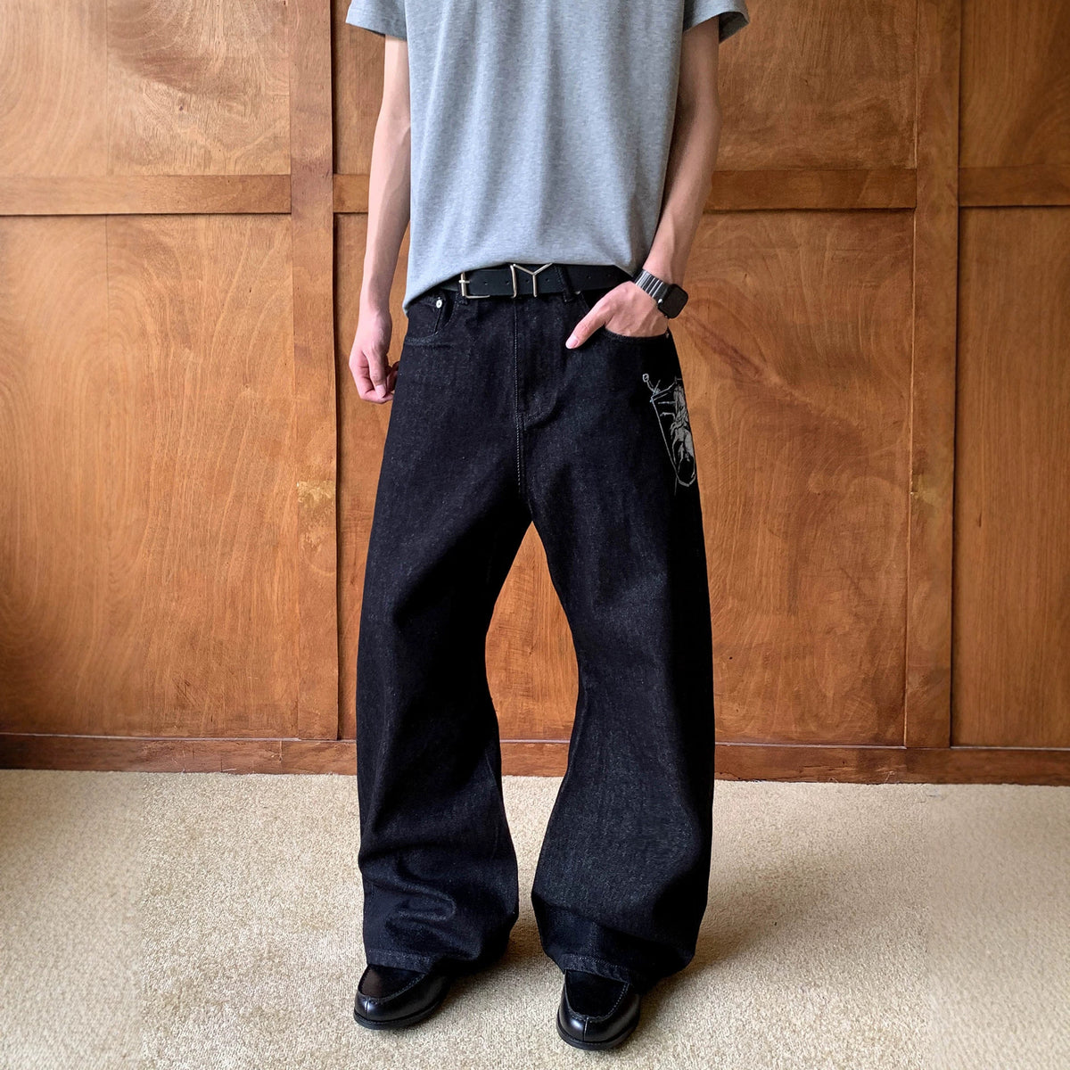 Men's American Style Black Knife-Edge Jeans High Street Cool and Fashionable Design Long Pants