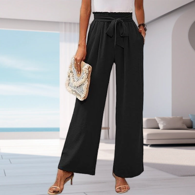 Women's solid color pocket high waist wide leg pants