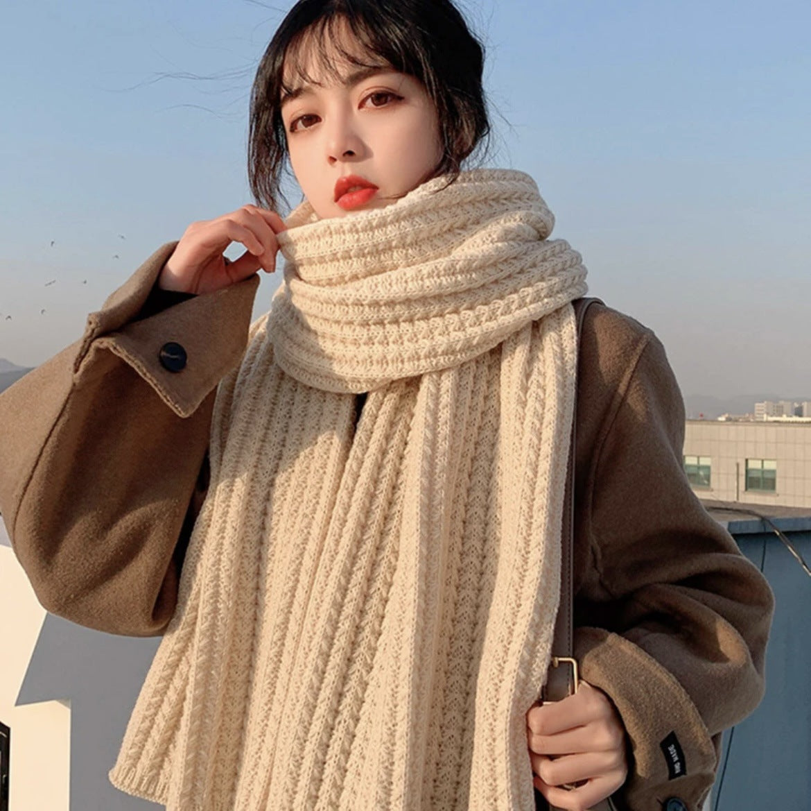 Autumn and winter neck scarf shawl, warm solid color knitted thick scarf