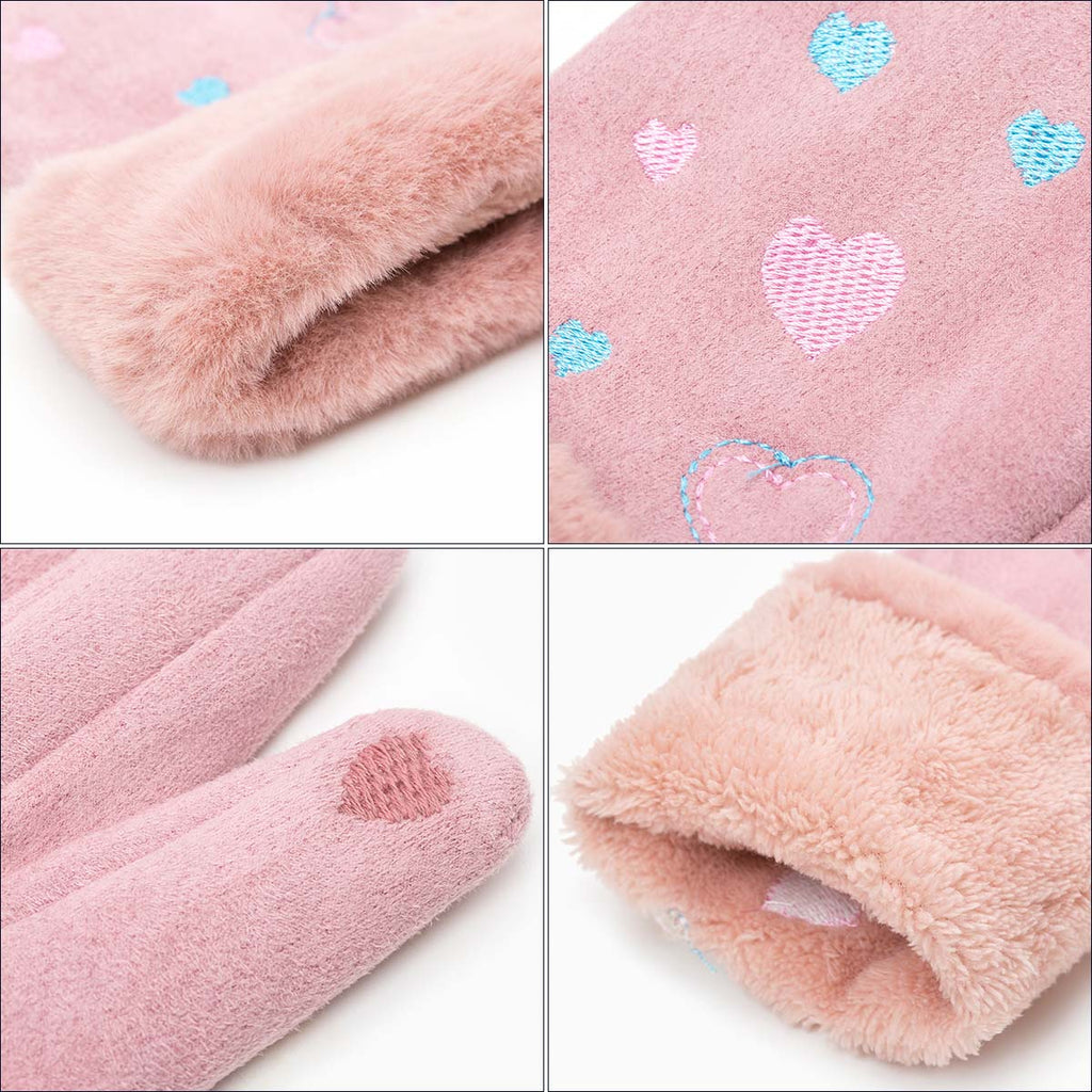 Women'S Gloves Winter Warm Color Suede Five Fingers Gloves Cute With Embroidered Heart Autumn Plus Velvet Thick Touch Screen