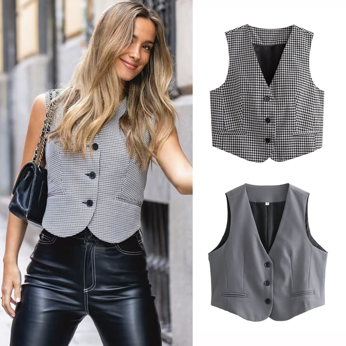 Women's plaid V-neck short slim fit cardigan vest vest for women