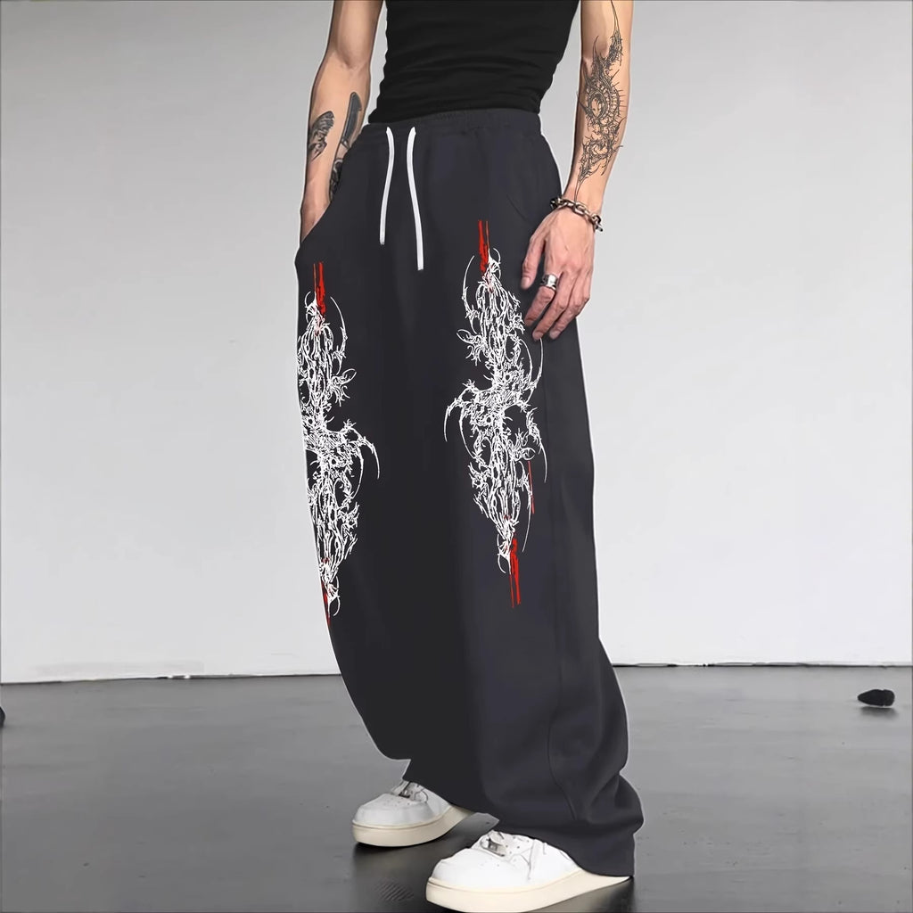 Dark Gothic Print Loose Wide Leg Drawstring Sweatpants