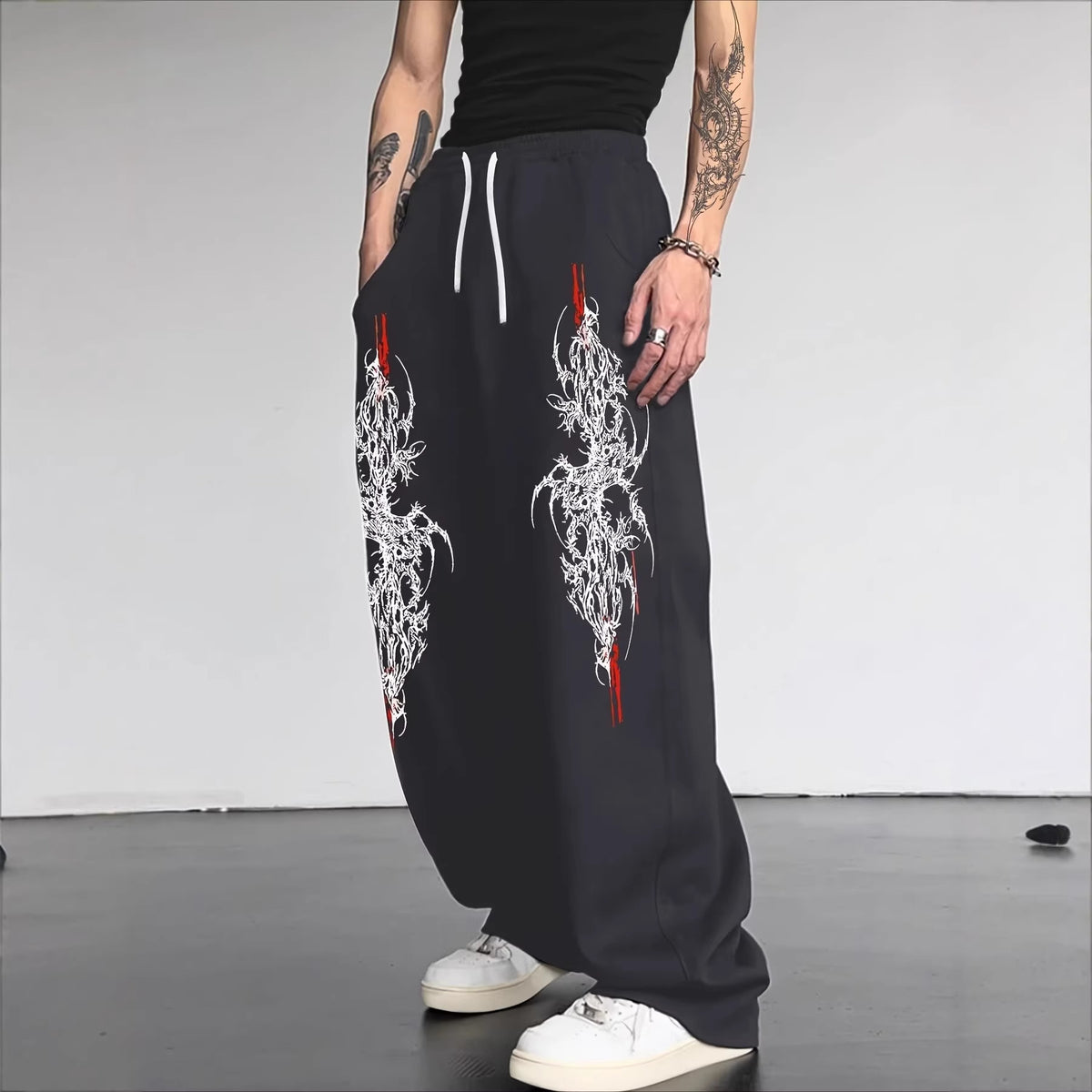 Dark Gothic Print Loose Wide Leg Drawstring Sweatpants