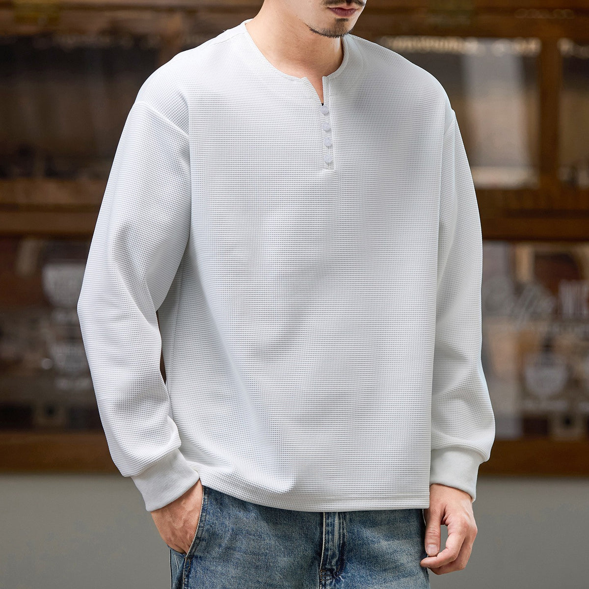 Men's Casual Loose Fit Long Sleeve Henley T-Shirt