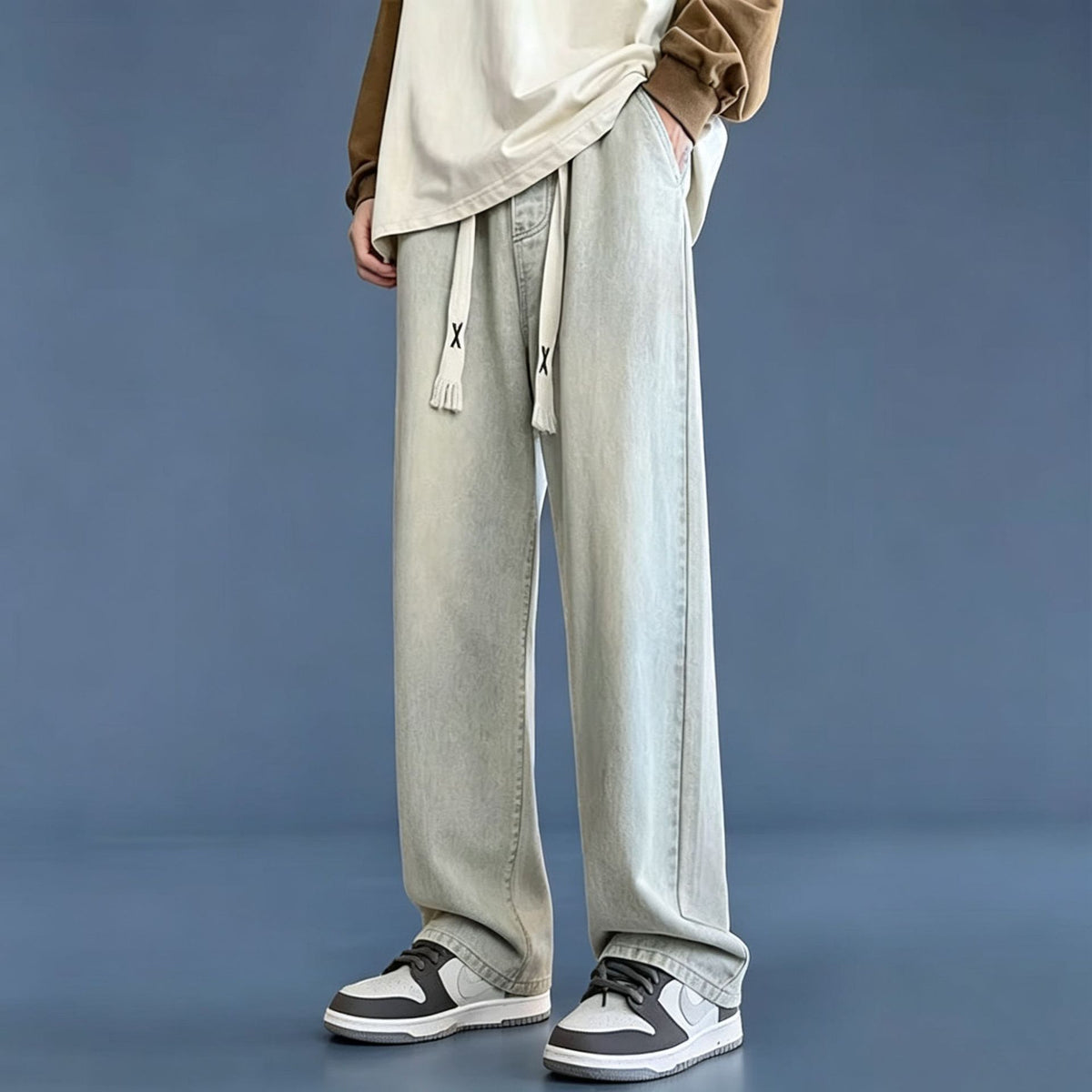 Retro Men's Summer Straight Leg Casual Drawstring Jeans High Street Style Pants