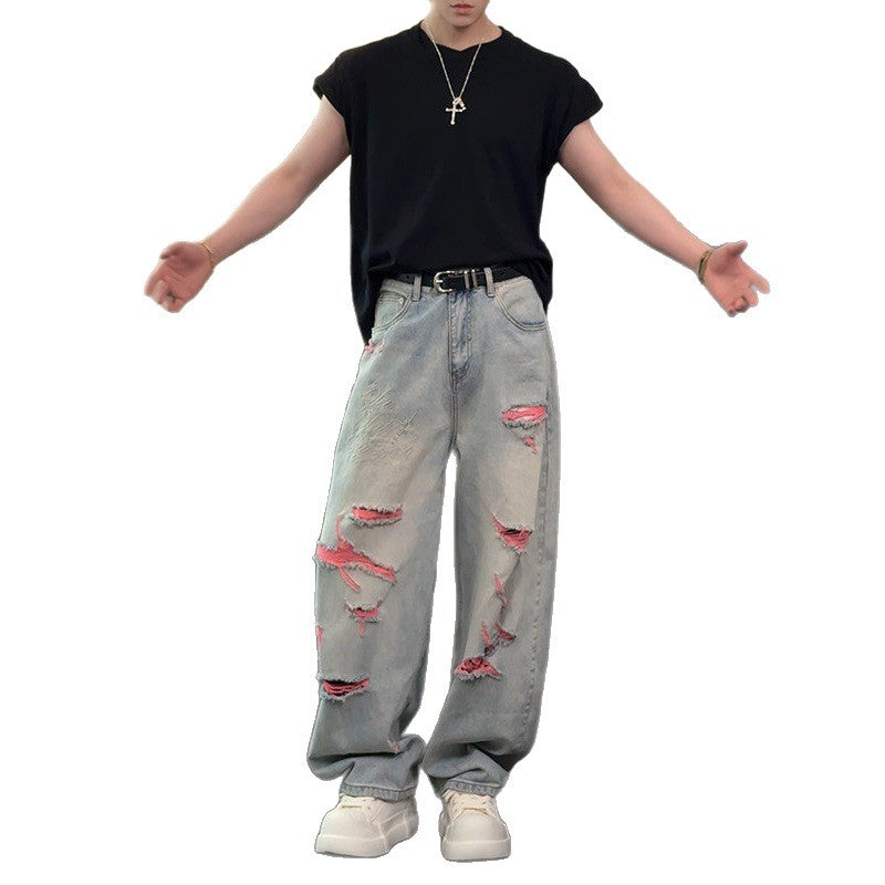 Casual Vintage Street Style Washed Denim Pants for Men, Loose Fit, Fashionable and Versatile Straight Leg Jeans