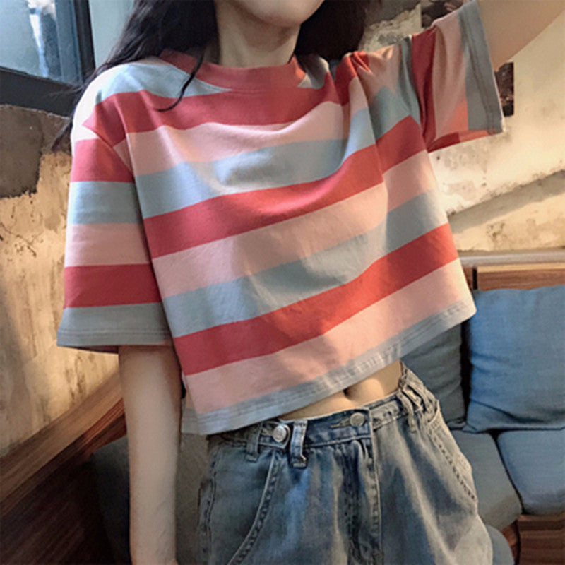 New loose rainbow striped short sleeved T-shirt for female students with exposed navel top