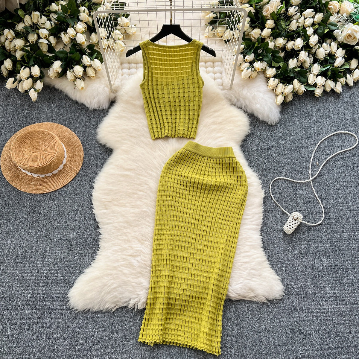 Tank top versatile high waisted skirt knit two-piece set