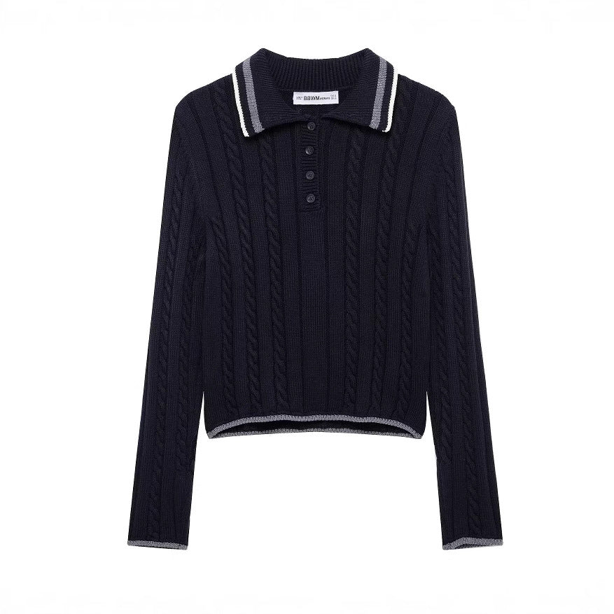Fashion trimmed contrasting collar knit sweater