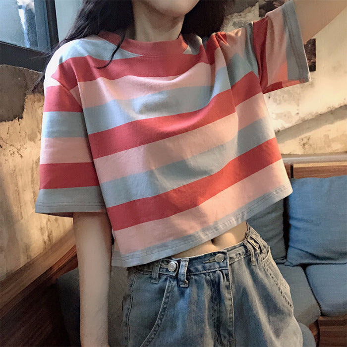 New loose rainbow striped short sleeved T-shirt for female students with exposed navel top