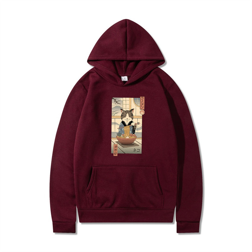 Samurai Cat Harajuku Wind Adventure Illustration Print Leisure Life Hooded Hoodie for Men and Women