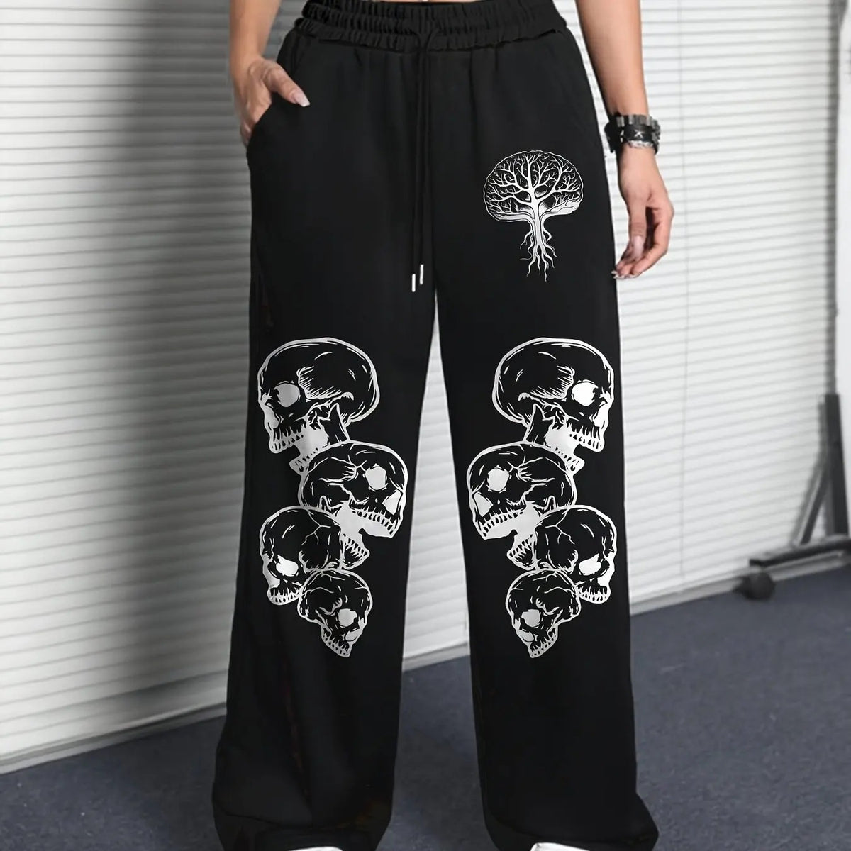 Women's Casual Gothic Skull Print High Waist Adjustable Drawstring Wide Leg Pants