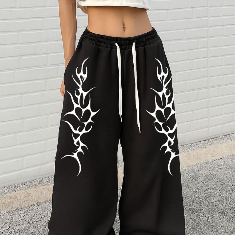 Dark Gothic Skull Print Loose Wide Leg Drawstring Sweatpants